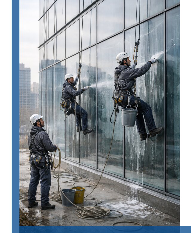 Промышленная мойка панорамных окон на высоте в Ивантеевке