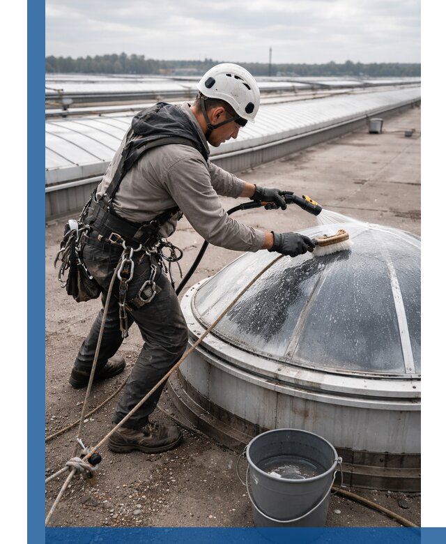 Мойка зенитных фонарей на кровле для промышленных объектов в Ивантеевке