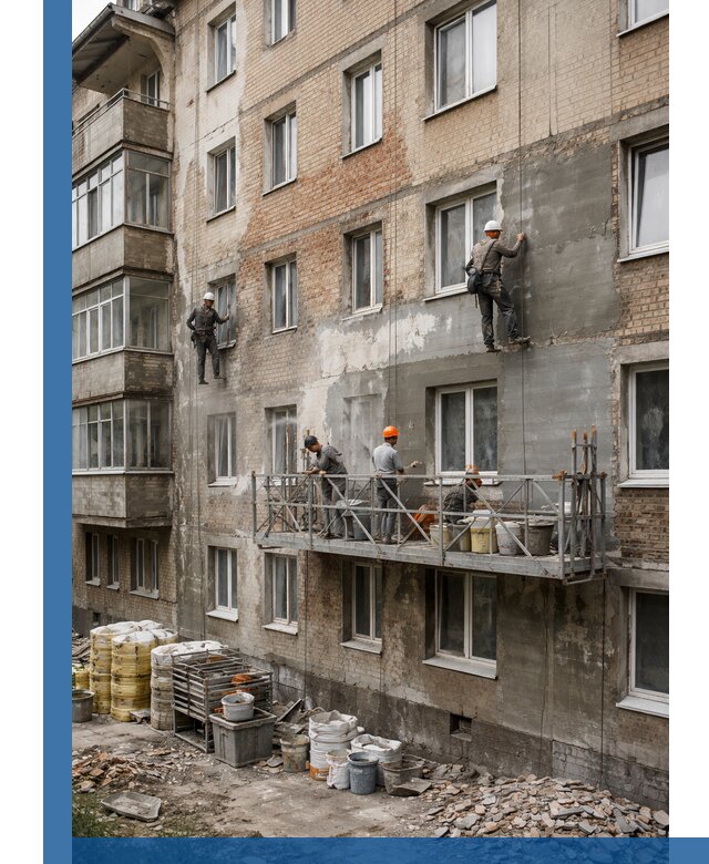 Капитальный ремонт фасада в Ивантеевке с восстановлением и гидроизоляцией