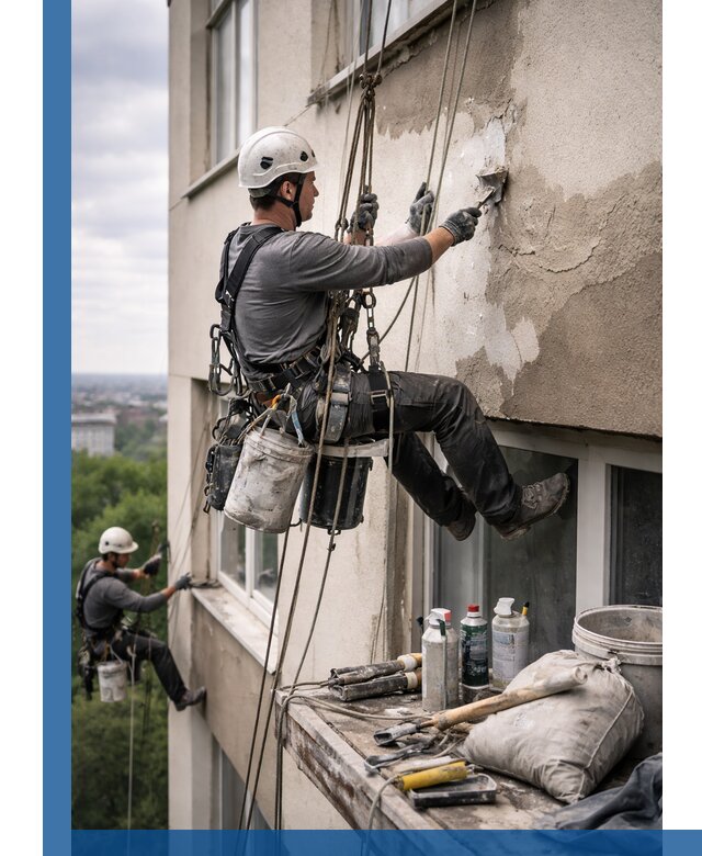 Косметический ремонт фасада зданий в Ивантеевке промышленными альпинистами
