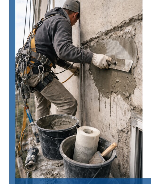 Ремонт бетонных элементов фасада промышленными альпинистами в Ивантеевке