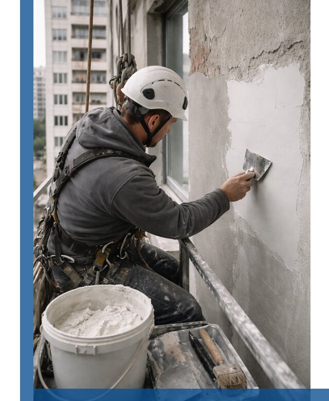 Шпаклевка фасадов на высоте с промальпинистами в Ивантеевке