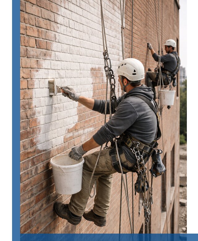 Покраска кирпичного фасада с доступным альпинистским сервисом в Ивантеевке