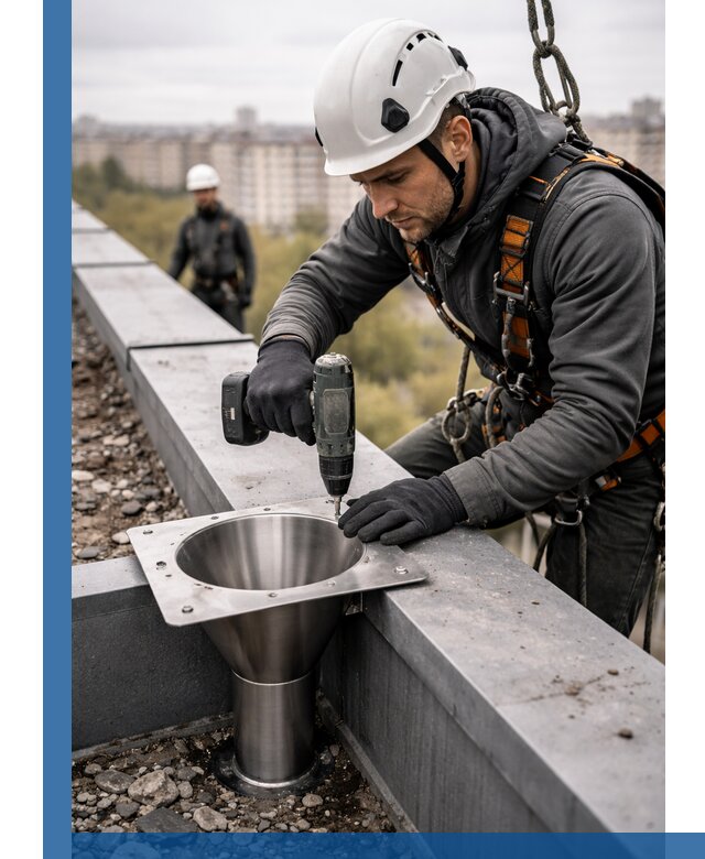 Монтаж водосточных воронок в Ивантеевке для промышленных зданий