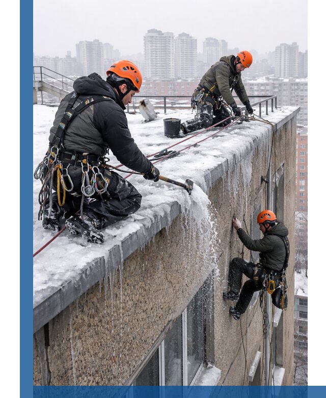 Удаление наледи с кровли в Ивантеевке промышленными альпинистами