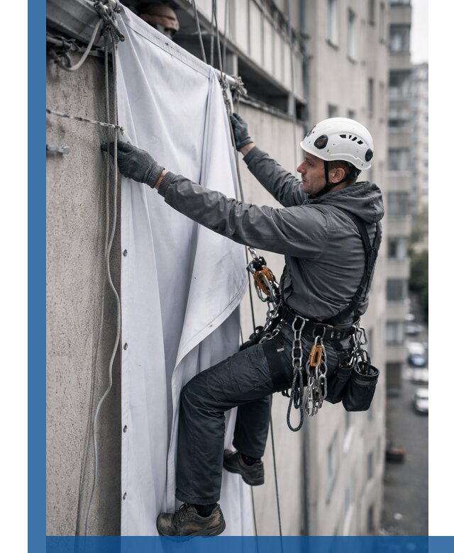 Замена баннерного полотна промышленными альпинистами в Ивантеевке
