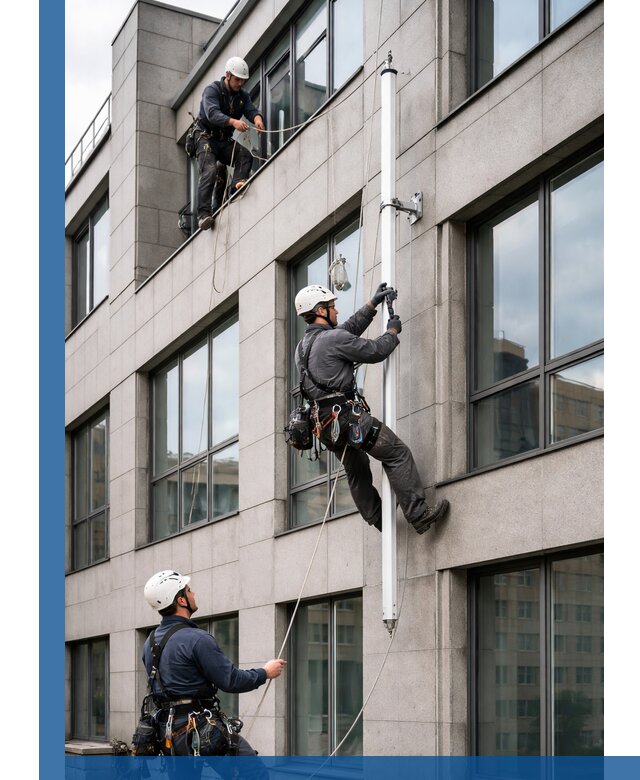 Монтаж флагштока на фасаде здания с креплением и герметикой в Ивантеевке