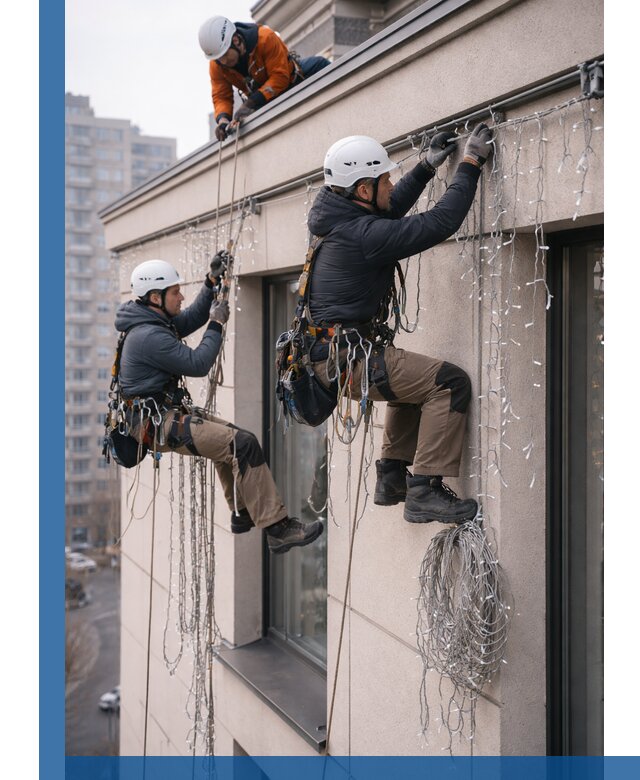 Монтаж праздничных гирлянд на фасаде в Ивантеевке для зданий