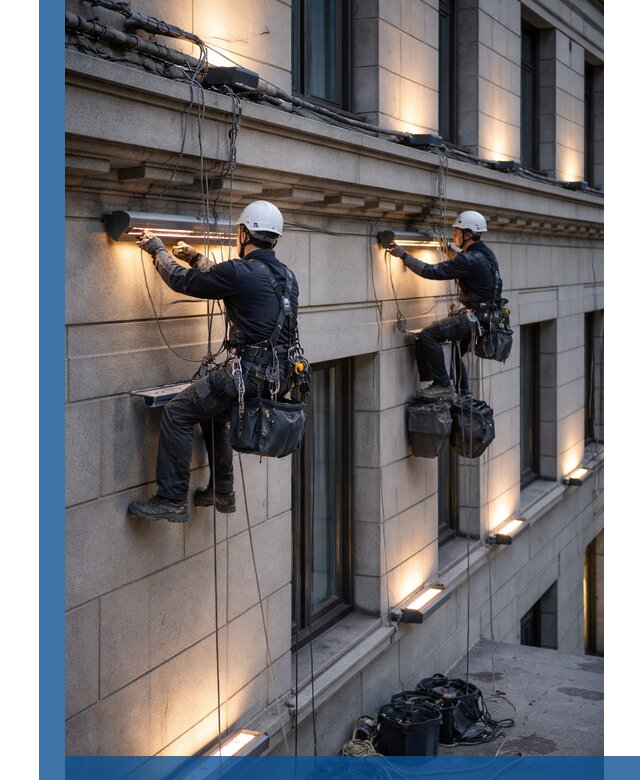 Монтаж архитектурной подсветки фасадов зданий в Ивантеевке