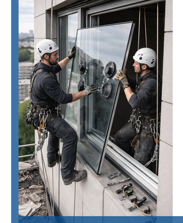 Замена стеклопакетов на высоте с промышленными альпинистами в Ивантеевке