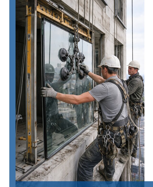 Монтаж стеклопакетов на высоте в Ивантеевке с промышленным альпинизмом