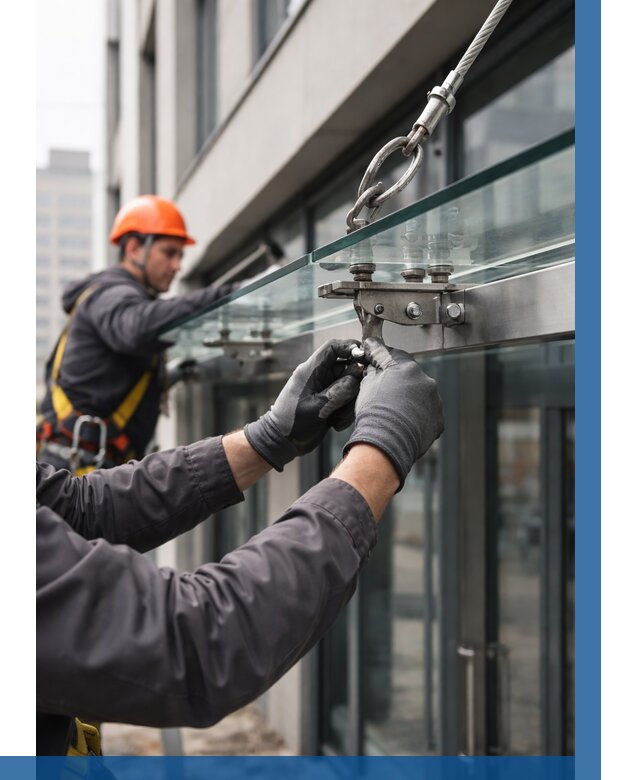 Монтаж стеклянных козырьков в Ивантеевке от 8744 р. | ВЫСОТНИК-Внт