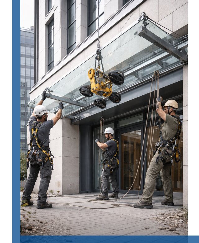 Монтаж стеклянных козырьков под ключ в Ивантеевке для зданий