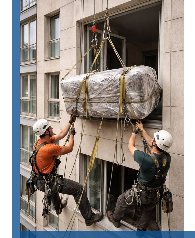 Подъем грузов через окно в Ивантеевке промышленными альпинистами