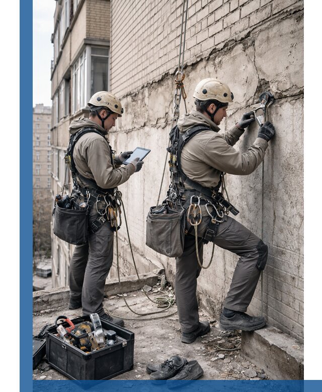 Обследование фасада промышленными альпинистами в Ивантеевке